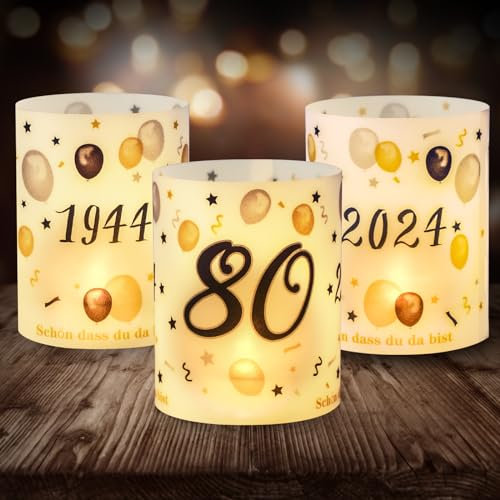 12 Windlicht Tischdeko 80 Geburtstag, Seutgjie 80. Geburtstag Jubiläum Deko Mann Frau 1944-2024 Schwarz Gold für Teelichter oder Kerzen