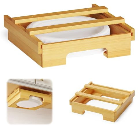 10-inch Paper Plate Dispenser, Under Cabinet Bamboo Plates Holder, Kitchen Counter Vertical Plate Dipensers Holders Countertop Caddy for 10 Plates