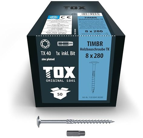 TOX Holzbauschrauben TIMBR TK 8,0 x 280 mm, blau verzinkt mit Tellerkopf, TX40, Schrauben für leichtes Eindrehen und hohe Tragfähigkeit im Holzbau, 50 Stück im Karton, inkl. 1x Bit, 1120804180280