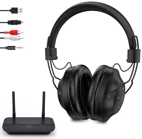 ROSIDA Cuffie wireless per guardare la TV con trasmettitore, cuffie TV wireless per anziani, gamma 295 m, con ottica, AUX, RCA e USB, controllo alto volume, lunga durata, nessun ritardo, nero