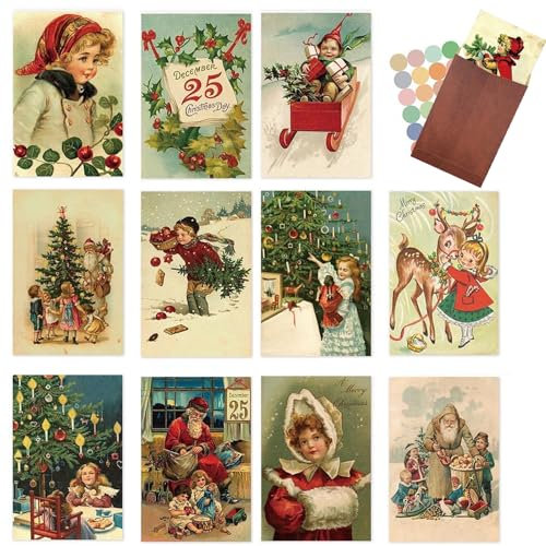 12 Stück Xmas Vintage Postkarten + 12 Umschläge Weihnachtspostkarten Weihnachtsgrußkarten Raumdekoration Atmosphäre Dekoration Karten Schlafzimmer Mini-Poster