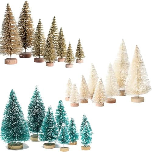 JOYWU Mini Christmas Trees for Table,24 Pcs 4 Sizes 3 Color Desktop Miniature Pine Trees with Wood Base and Snows,Bottle Brush Trees,Small Desktop Christmas Trees,Xmas Winter Crafts Decorations