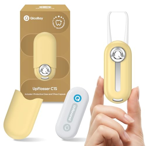 QicoBay UpFlosser C1S Reusable Auto-Restringing Flosser with Replaceable Floss Capsule, Quick & Deep Clean, Portable On-The-Go Flosser, Recyclable Zero-Waste Design, Unflavored (Sand Yellow)