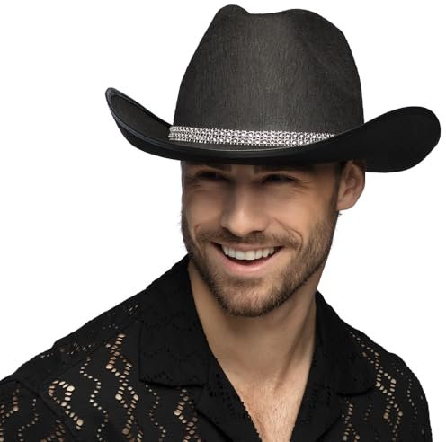 Boland - Cowboyhut Daisy, Kopfbedeckung, Accessoire für Western Kostüme, Zubehör für Festival, Karneval oder Junggesellenabschied, Schwarz