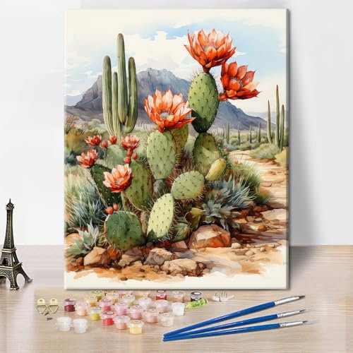 Farbe nach Zahlen Kit für Erwachsene Anfänger, DIY Kaktus Farbe nach Zahlen, Wüste Kaktus Erwachsene Farbe nach Zahl Kits, Aquarell Kaktus Blüten Farbe nach Zahlen für Home Decor Geschenk 16X20 Inch