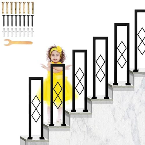 Pasamanos de Escalera,Barandilla de Escalera en Forma de U,con Patrón de Rombos,Pasamanos de Metal Seguridad para Villas,Balcones,Interiores,Exteriores Barandilla de Escalera Negro (90cm)
