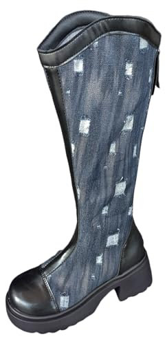 Stivali Donna Stivali sopra Ginocchio Donna Ricamo Stivali Indianini Stivali Bassi Donna Stivali Alti sopra Il Ginocchio Stivali Tacchi Alti Donna (Blu, 38)