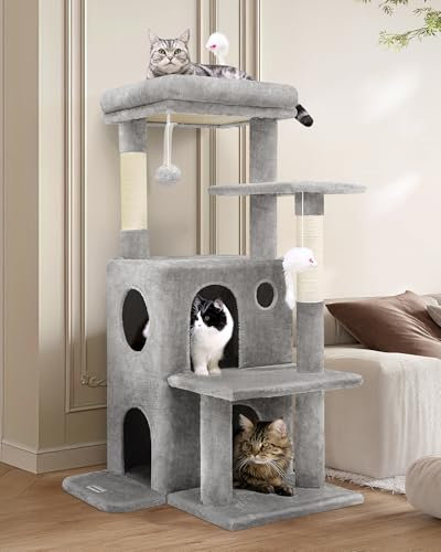 Globlazer Kratzbaum Katzenbaum mit 2 Geräumigen Höhle, Gepolsterte Plattform, Sisal Kratzsäulen, Plüsch Katzenspielzeug, Stabil Katzenturm 127 cm hoch für Babykatzen Große Katzen (FC50, Hellgrau)