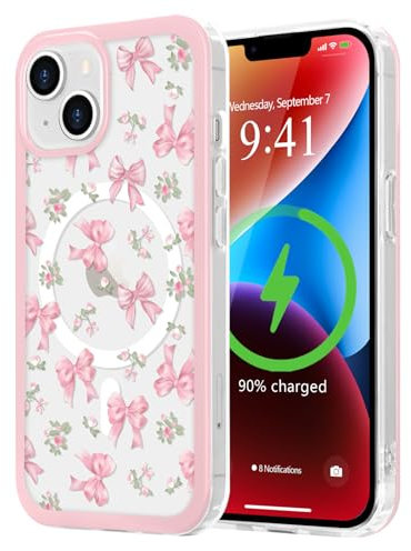 LCHULLE Magnetic for iPhone 14 Case for iPhone 13 Case Cute Pink Bows [Compatible with Magsafe] Clear Ribbon Bowknot Pattern for Women Girls Hard Back Shockproof Phone Cover, Rose Bows