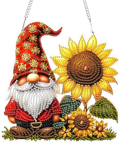 GHHKUD Diamond Painting Fensterbilder Beidseitige, Diamond Painting Zwerge Sonnenblume Anhänger mit Kette, Diamant Painting Bilder Kristall Malerei Anhänger, Wandbehang Kits für Fenster Wand Decor