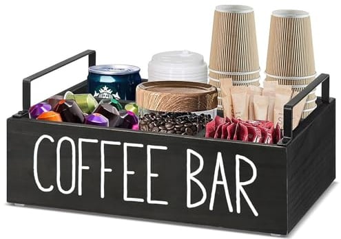 Homeily Kaffee Organizer aus Holz, Kaffee Bar Organizer mit 3 Compatment | Rustikaler Kaffeezubehör Kaffeestation, Tee Aufbewahrung für Kaffeepads, Tassen, Kaffeebohnen & Accessoires