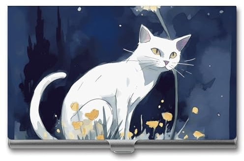 HETVBNS Porte-cartes de visite en métal avec motif chat blanc - Organiseur de cartes de crédit professionnel fin pour homme ou femme, Chat blanc, 3.7 × 2.2 × 0.3 Inches, Décontracté