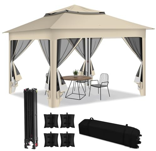 Jaxguom Pavillon 3x3m Wasserdicht Stabil, Doppeldach GartenPavillion, mit moskitonetz Metallrahmen, Plane Partyzelt Gazebo für 2-4 Personen (Beige)