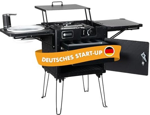 NATURBUMMLER® Campingküche Faltbar [CompactCook+] Mobile Campingküche mit Gasherd, Spüle & Windschutz – inklusive Wasserpumpe, Besteckkasten & Stauraum – ideal für Vanlife, Reisen & Zelten