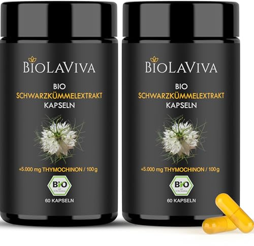 Premium BIO Schwarzkümmelöl Kapseln hochdosiert – 5000 mg Thymochinon – 2 x 60 vegane Kapseln 4-Monats-Vorrat – Nigella sativa, laborgeprüft & in Deutschland hergestellt–lichtgeschütztes Violettglas