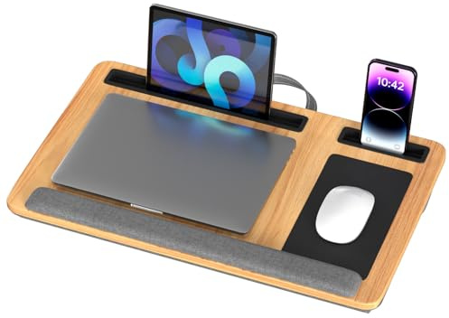 Hebitod Laptoptisch fürs Bett & Sofa Laptopkissen mit Mauspad, Handgelenkauflage & Handyhalter Passend für Laptops bis 17 Zoll Nussbaum Holzoptik