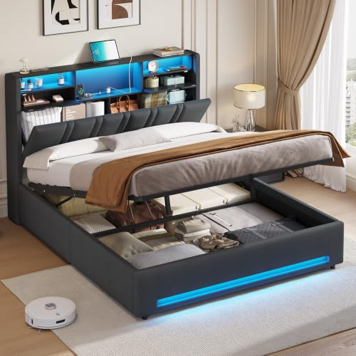 DICTAC 5ft King Size Ottoman Storage Bed with RGB LED Lighting, Upholstered Bed Frame with Charging Station & Bookcase Headboard, Hydraulic Lift Up Storage Bed, 150x200 cm for Larger Bedrooms