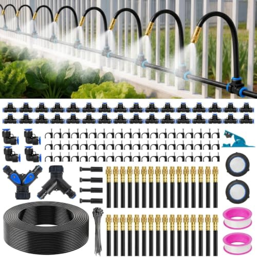 Tropfbewässerungssystem, 60 m, 0,8 cm, 2026-Upgrade-Gartensprinkler-Set mit 32 360° verstellbaren Kupferdüsen, automatisches Nebelbewässerungssystem für Hochbeete, Gewächshaus, Rasen, Terrasse, Hof
