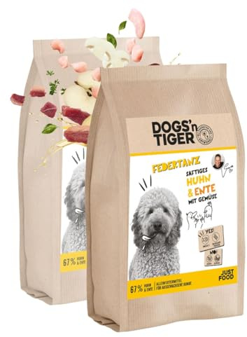 Dogs'n Tiger Federtanz Trockenfutter Hund Adult, Huhn & Ente, 2X 2kg | Hundefutter, Alleinfutter, hoher Fleischanteil, getreidefrei, ohne Zucker, ohne Konservierungsstoffe, proteinreich, Omega-Öle