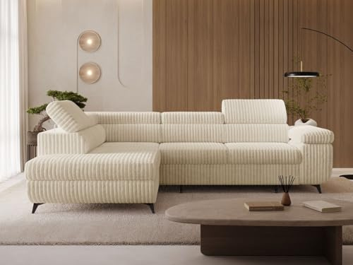 GRAINGOLD Argon L Ecksofa modern mit Bettfunktion, 255x190 cm, L-Form Sofa, Schlafcouch für Wohnzimmer, Cordstoff, 4-Sitzer Eckcouch, Ecksofa mit Bettkasten (Beige, Links)