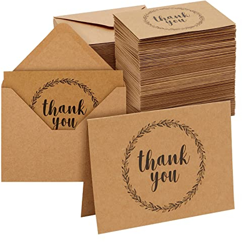 Dankeskarten Thank You, Kraftpapier-Klappkarten mit Thank-You-Aufschrift und Blätterkranz, Mit Umschlägen, 13 x 9,4 cm, Braun, 120 Stück