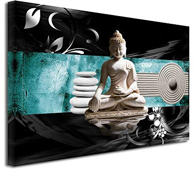 Tableau élégance Bouddha - Impression sur Toile décoration Murale Zen - Déco Maison, Cuisine, Salon, Chambre Adulte - Turquoise 50x30 cm