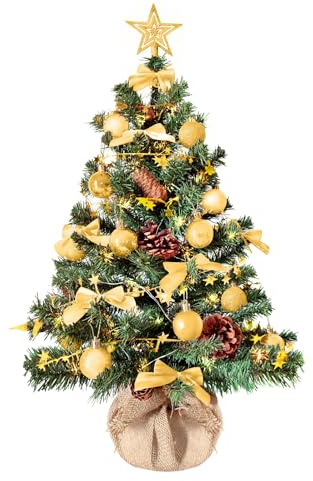 Weihnachtsbaum künstlich (WBD) 75 cm grün mit Weihnachtsdeko Gold und Led Lichterkette mit Batteriebox und Fernbedienung künstlicher Christbaum klein Tannenbaum