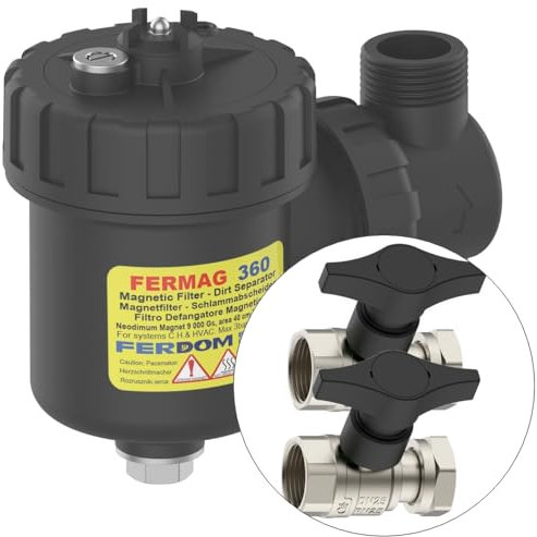 FERDOM FD360 Filtro Defangatore Magnetico. Per Sistemi Riscaldamento, Solare, HVAC. Con Separatore Di Sporco Non Magnetico. Per tubi verticali e orizzontali. Magnet 9000 Gs. Dim.1 / DN25. Per 24-30kW