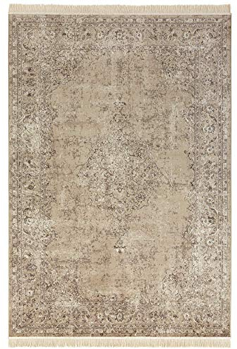 Nouristan Orientalischer Teppich – Wohnzimmerteppich mit Fransen Oriental Vintage Medaillon Naveh Samt-Teppich für Wohnzimmer, Schlafzimmer, Esszimmer, Küche, Flur – Olivgrün, 95x140cm