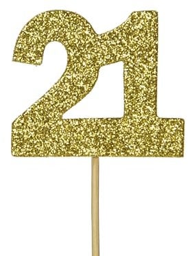 Anniversary House 12pcs Gold Glitter 21st Birthday Cake Toppers, 3.8 x 4.5cm, Age 21 Cupcake Toppers, Paper, Birthday Cake Decorations, Number 21 Celebrations, Bamboo Picks, J062