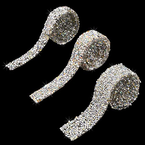 WANDIC Sparkling Rhinestone Ribbon, 3 Yards 3 Sizes Crystal AB Diamond Sparkling Tape Crystal Rhinestone Banding Belts for Wedding Cakes Birthday Crafts Decorations, Hot-Melting, Non-self-Adhesive