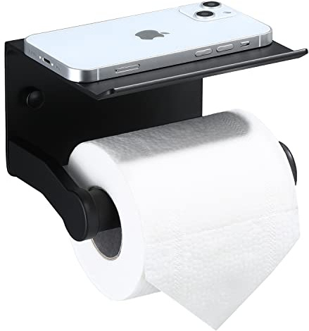 Smarthome Toilet Paper Holder with Phone Shelf, Self Adhesive Aluminum Tissue Roll Dispenser for Mega Roll, Wall Mounted Toilet Paper Roll Holder for Bathroom, Matte Black
