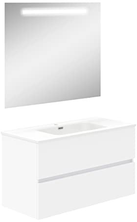 Baikal Mueble de Baño Dos cajones, suspendido a la Pared con Lavabo. Melamina 16. Mueble montado. Mueble de 100cm Blanco con Espejo con Luz Led