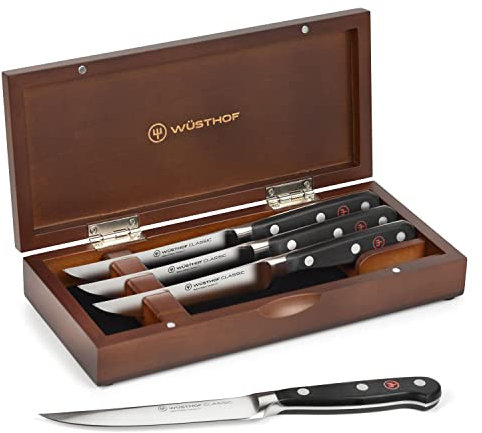 Wusthof Classic - Set di coltelli da bistecca con custodia in legno, 4 pezzi