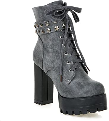 AORUIDA Damen High Heels Stiefeletten Gothic punk Niet Knöchelriemen Plateau Blockabsatz Schnürstiefeletten,Grau,48 EU