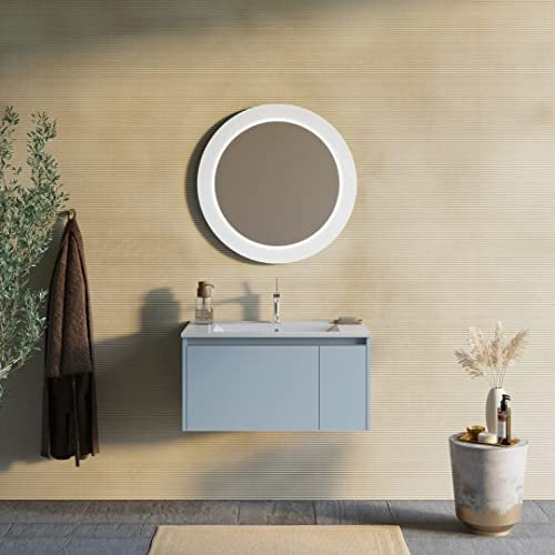 KIAMAMI VALENTINA - Badezimmermöbel 80cm Hängeschrank mattblau mit rundem Spiegel | Monaco