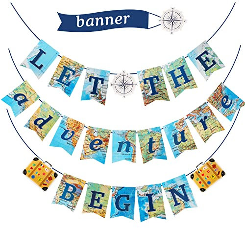 3 Stück Abschiedsparty Dekoration Weltkarte Wimpel Let The Adventure Begin Ammer Banner Abschied Reise Thema Party Deko für Abschluss Geburtstag Baby Shower Ruhestand Party