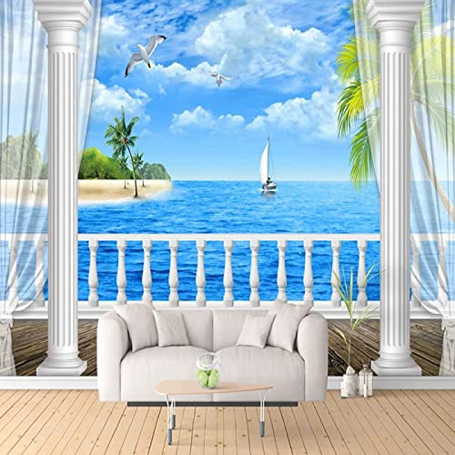 Papier Peint Panoramique Balcon Bord De Mer Voilier 3D Poster Mural pour Salon Chambre Décoration Murale