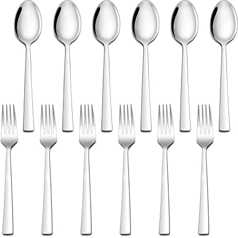 Herogo Juego de 12 cucharas y tenedores de mesa de acero inoxidable, juego de cubiertos plateados para el hogar / restaurante, 6 cucharadas y 6 tenedores, saludable y duradero, apto para lavavajillas