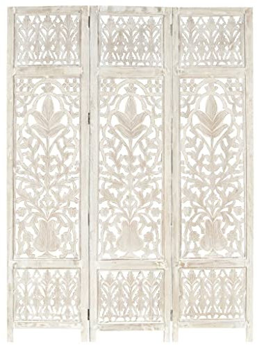 vidaXL Paravent sculpté à la main en bois de manguier massif 3 panneaux Blanc 129,9 x 165,1 cm