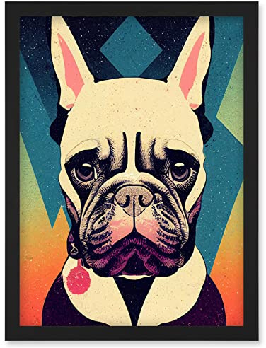 Wee Blue Coo French Bulldog Portrait Geometric Pastel Modern Illustration Artwork Framed Wall Art Print A4
