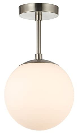 Happy Homewares Traditional and Sleek Opal Glass Globe IP44 Bathroom Ceiling Light in Satin Nickel | 24cm x 20cm | 60w Max | Also Suitable for Hallways Lounges Conservatories etc