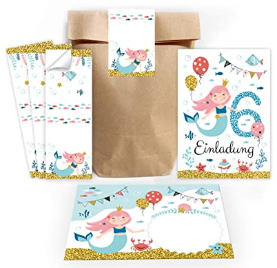 Minkocards 12 Einladungskarten zum sechsten Kindergeburtstag 6. Geburtstag Mädchen Meerjungfrau incl. 12 Umschläge, 12 Partytüten/natur, 12 Aufkleber Einladungsset