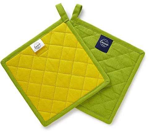 Encasa Maniques en Coton résistant à la Chaleur avec Boucle de Suspension - Lot de 2 - Vert Citron - Coussin Chauffant Quotidien matelassé Polyvalent pour la Cuisine - 21 cm