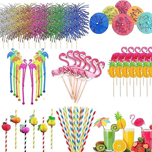 Cocktail Accessories for Drinks, 120pcs Cocktail Decorations,Paper Umbrellas, Sparkler Sticks, Straws, Cocktail Accessories Party Pack For Beach, Birthday, Wedding, Music Festival