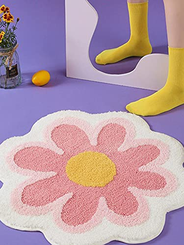 MINGZHE Daisy Cute Badematte, Blumenform, Waschbarer Badteppich, Runde Blumen-Bodenmatte, Waschbare Badewannenmatte für Den Boden(Rosa)