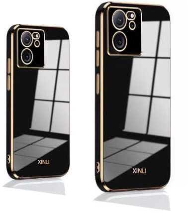 PEIYE Hülle für Xiaomi 13T / Xiaomi 13T Pro, Stoßfeste Bumper Silikon Schutzhülle, Weiche TPU Handyhülle mit Glänzender Oberfläche & Goldenen Kanten, Cover Case, Schwarz