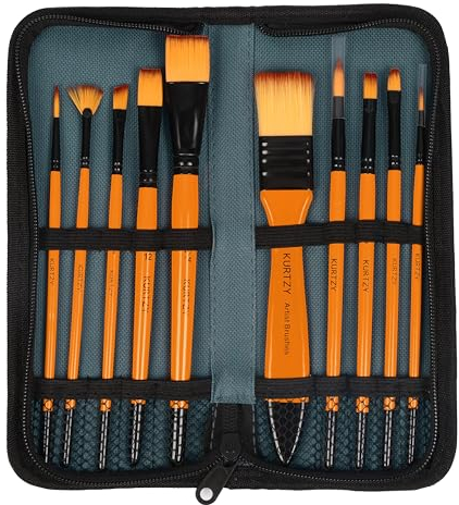 Kurtzy Set de Pinceles con Estuche - 10x Pincel Finos Planos Grandes y Pequeños para Pintura Acrilica Acuarela Oleo Modelismo Textil Miniaturas y Más - Aficionado o Profesional