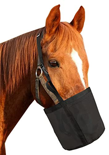 Sac d'alimentation pour chevaux, sac d'alimentation en grain en maille de PVC respirant robuste avec sangle réglable et fermeture à pression durable, idéal pour l'extérieur et l'intérieur (Noir)