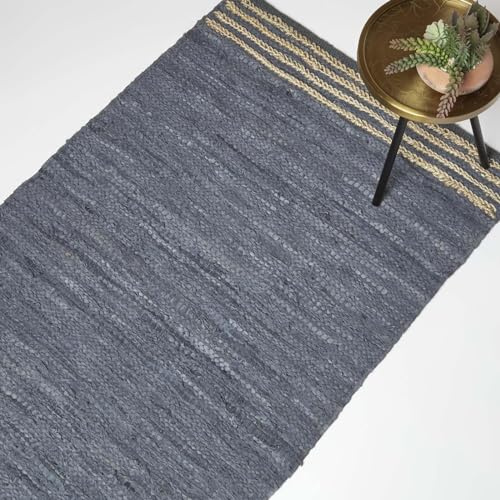 Homescapes Lederteppich grau gestreift 90x150 cm, Grauer Webteppich aus Recycling-Leder mit Jute-Streifen